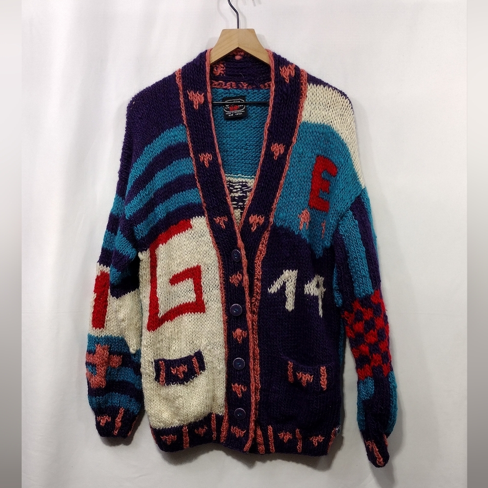 Vintage Bagnins Wool Graphic Sweater Cardigan Women's XL Handknit Boho Retro Y2K - Picture 1 of 8